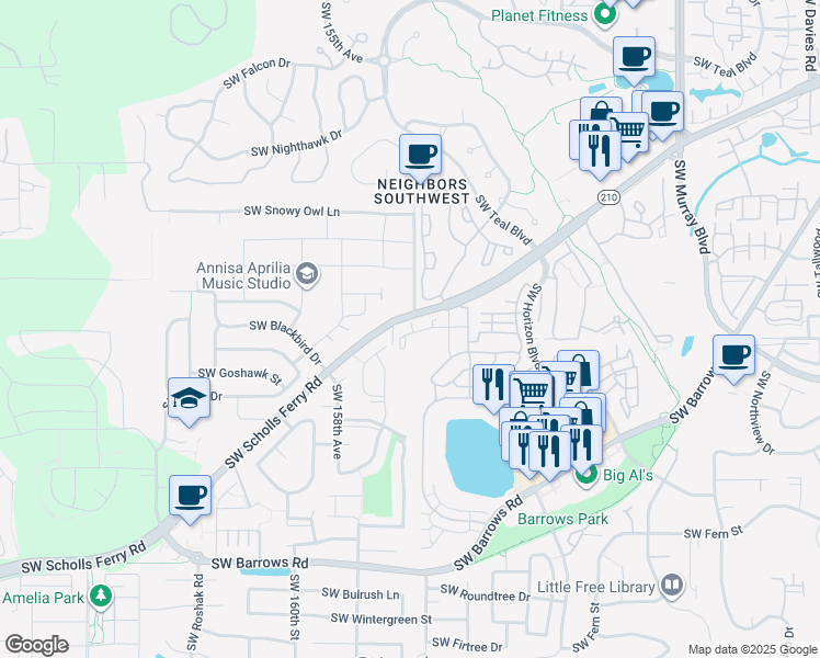 map of restaurants, bars, coffee shops, grocery stores, and more near 15536 Southwest Scholls Ferry Road in Beaverton