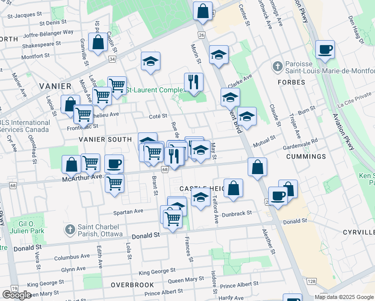 map of restaurants, bars, coffee shops, grocery stores, and more near 783 de l'Église Street in Ottawa