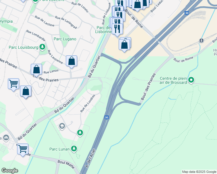 map of restaurants, bars, coffee shops, grocery stores, and more near 8125 Rue de Londres in Brossard