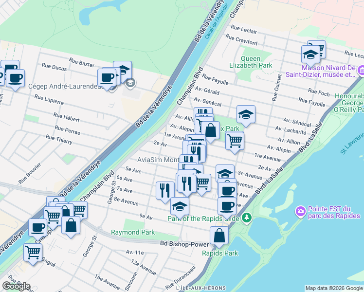 map of restaurants, bars, coffee shops, grocery stores, and more near 277 2e Av in Montréal