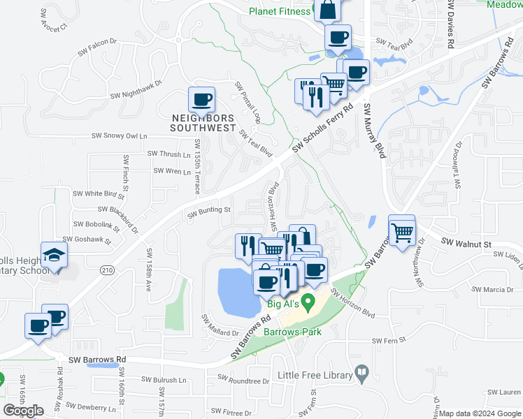 map of restaurants, bars, coffee shops, grocery stores, and more near 15956 Southwest Canyon Wren Way in Beaverton