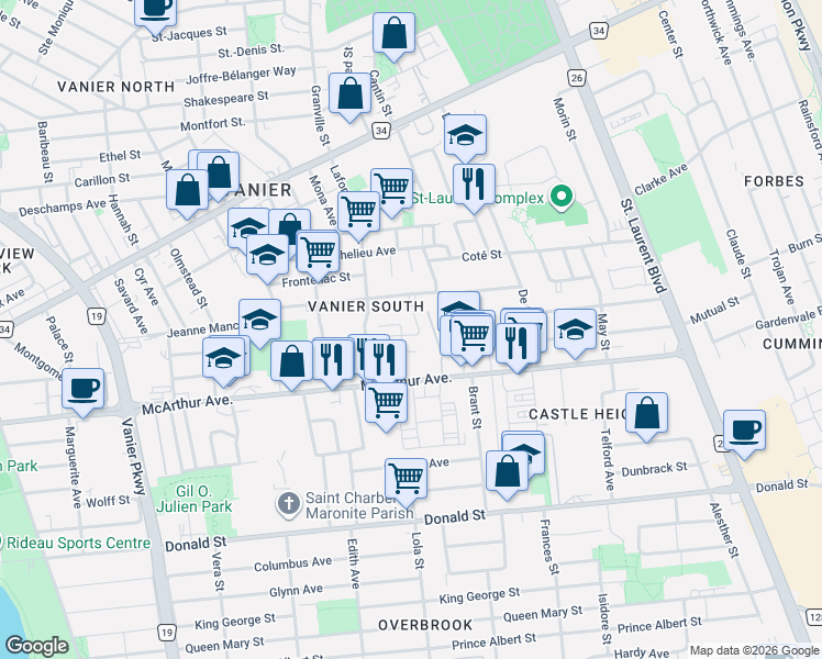 map of restaurants, bars, coffee shops, grocery stores, and more near 8 Eastwood Place in Ottawa