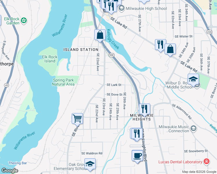 map of restaurants, bars, coffee shops, grocery stores, and more near 2303 Southeast Lark Street in Milwaukie