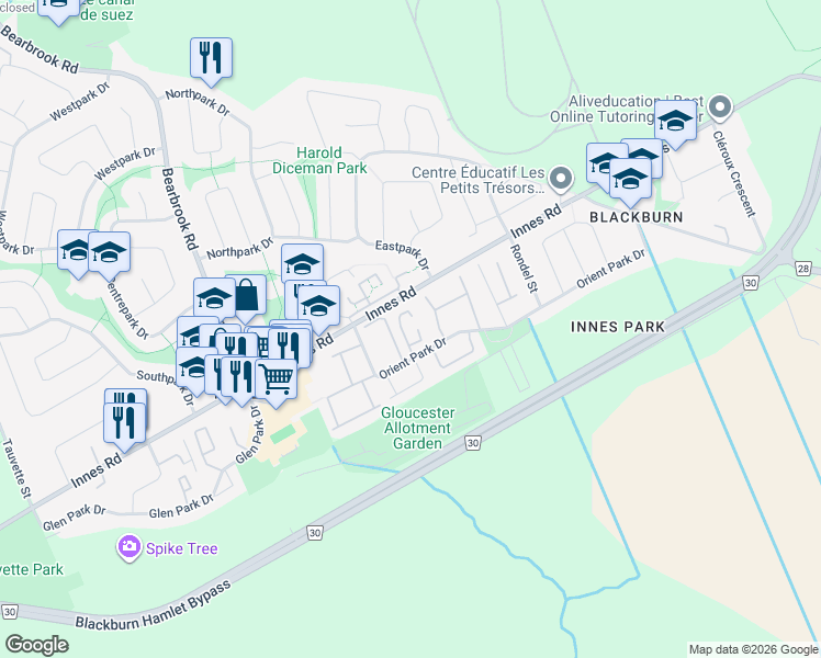 map of restaurants, bars, coffee shops, grocery stores, and more near 2296 Orient Park Drive in Ottawa