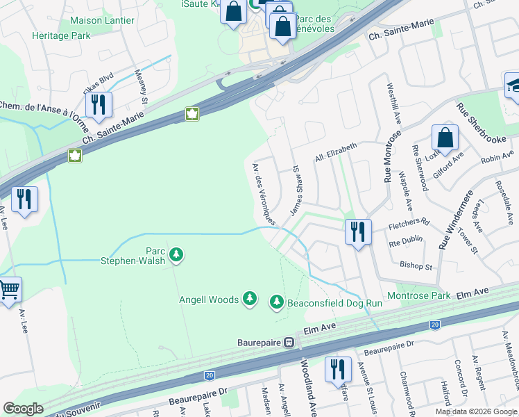 map of restaurants, bars, coffee shops, grocery stores, and more near 506 Avenue des Véroniques in Beaconsfield