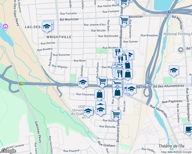 map of restaurants, bars, coffee shops, grocery stores, and more near 37 Rue Dufferin in Gatineau