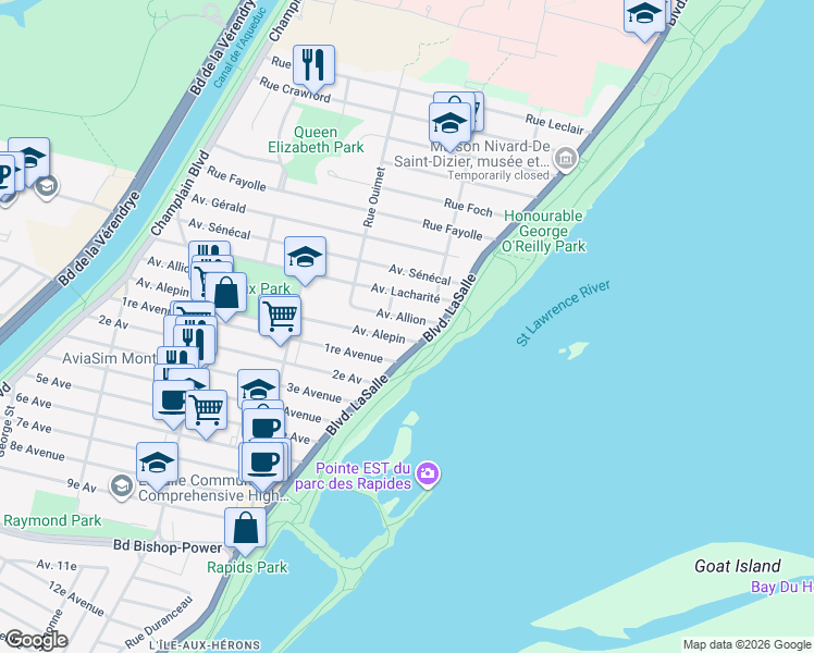 map of restaurants, bars, coffee shops, grocery stores, and more near 108 Avenue Allion in Montréal