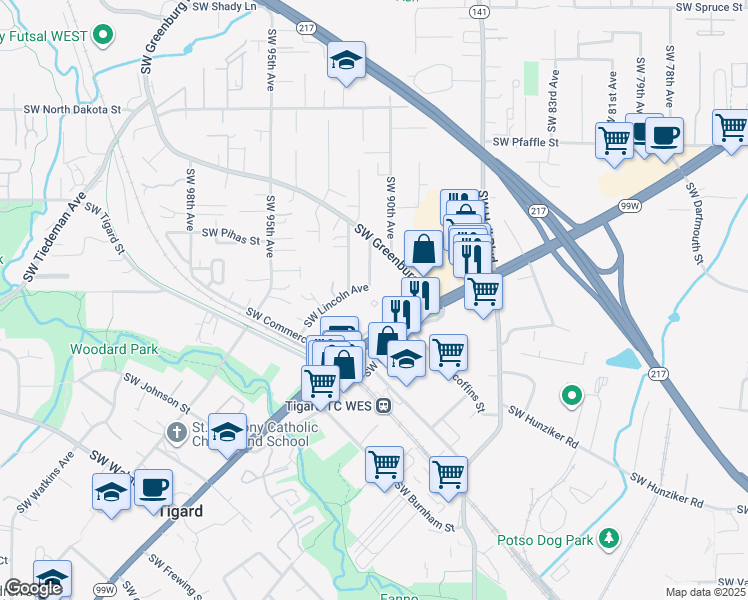 map of restaurants, bars, coffee shops, grocery stores, and more near 11950 Southwest Lincoln Avenue in Tigard