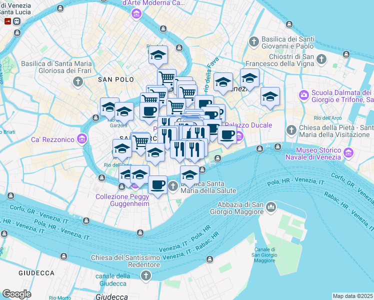 map of restaurants, bars, coffee shops, grocery stores, and more near 1471 Piazza San Marco in Venezia
