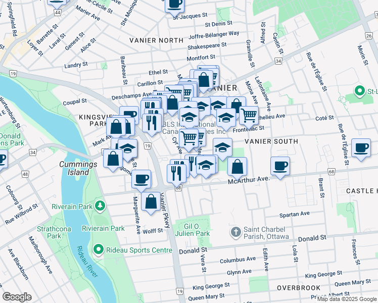 map of restaurants, bars, coffee shops, grocery stores, and more near 335 Cody Avenue in Ottawa