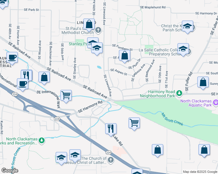 map of restaurants, bars, coffee shops, grocery stores, and more near 12326 Southeast Juniper Street in Milwaukie