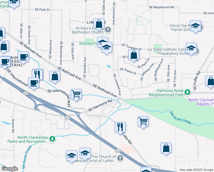 map of restaurants, bars, coffee shops, grocery stores, and more near 12425 Southeast 60th Court in Milwaukie