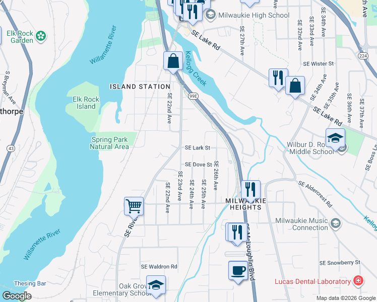 map of restaurants, bars, coffee shops, grocery stores, and more near 2303 Southeast Lark Street in Milwaukie