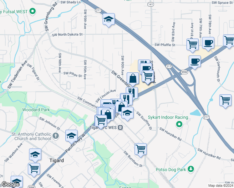 map of restaurants, bars, coffee shops, grocery stores, and more near 11970 Southwest Lincoln Avenue in Tigard