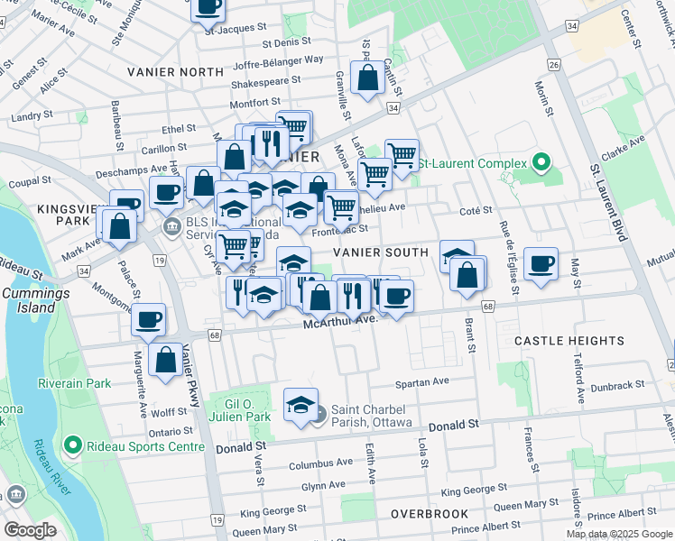 map of restaurants, bars, coffee shops, grocery stores, and more near 344 Lacasse Avenue in Ottawa