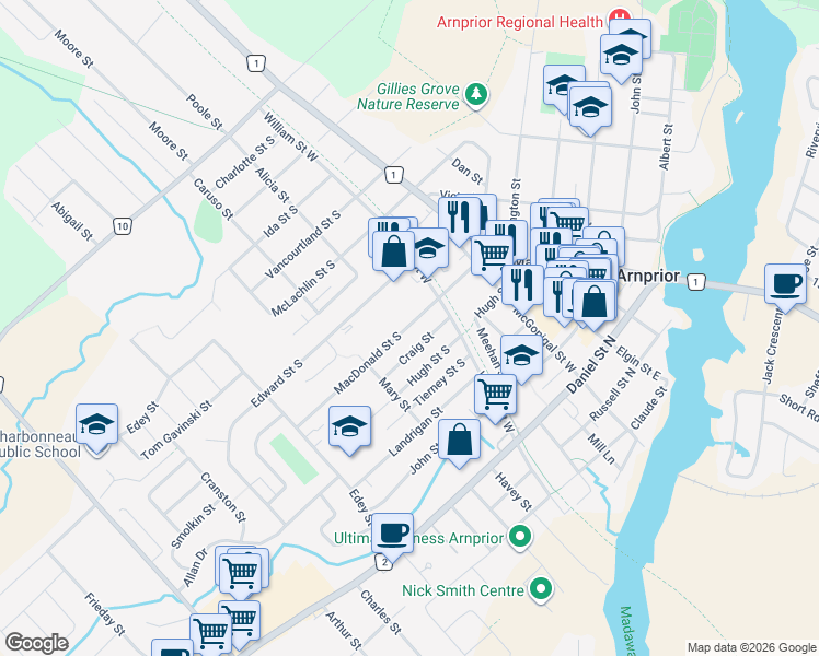 map of restaurants, bars, coffee shops, grocery stores, and more near 22 Macdonald Street South in Arnprior
