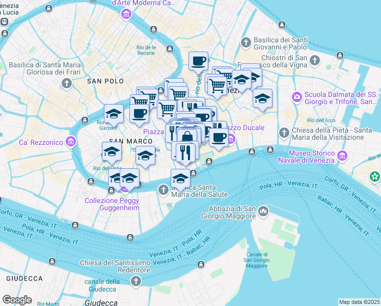 map of restaurants, bars, coffee shops, grocery stores, and more near 1254/A Sestiere di San Marco in Venezia