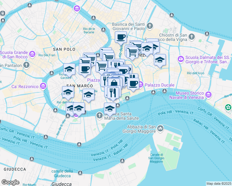 map of restaurants, bars, coffee shops, grocery stores, and more near 1254/A Sestiere di San Marco in Venezia