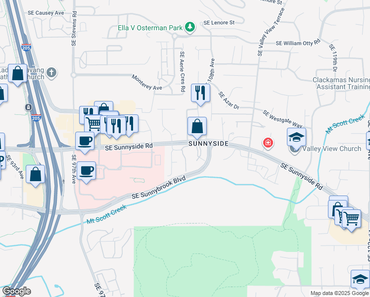 map of restaurants, bars, coffee shops, grocery stores, and more near 10728 Southeast Sunnyside Road in Clackamas