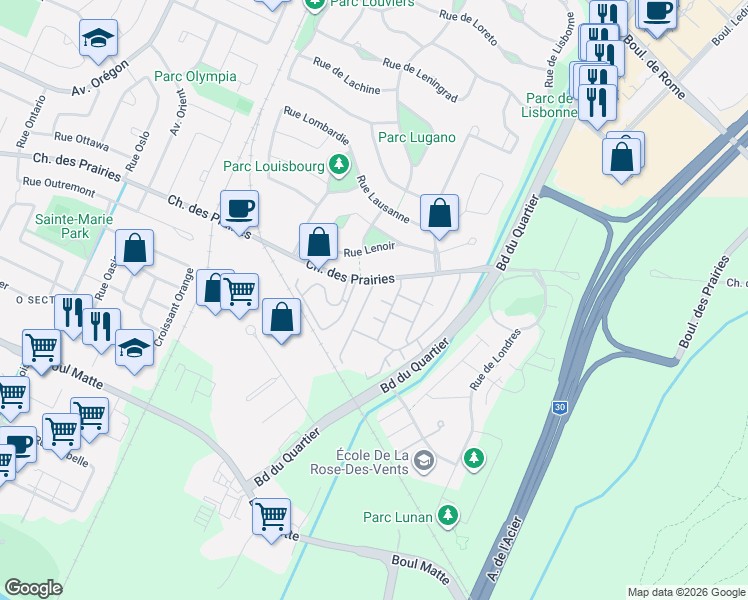 map of restaurants, bars, coffee shops, grocery stores, and more near 8780 Croissant du Louvre in Brossard
