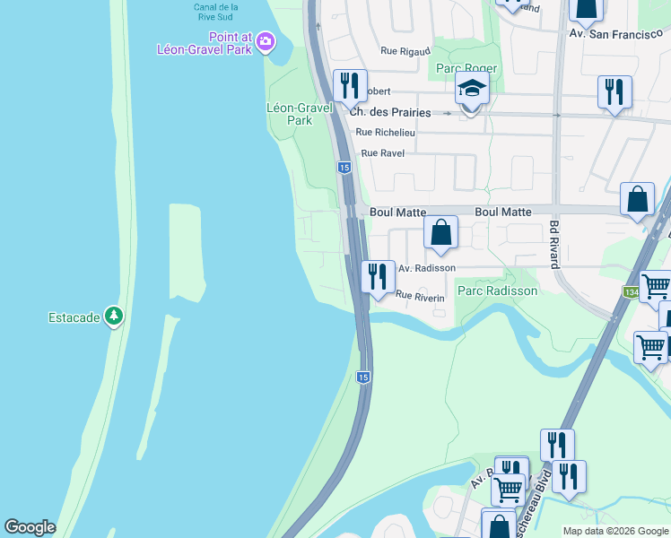 map of restaurants, bars, coffee shops, grocery stores, and more near 9300 Rue des Rubaniers in Brossard