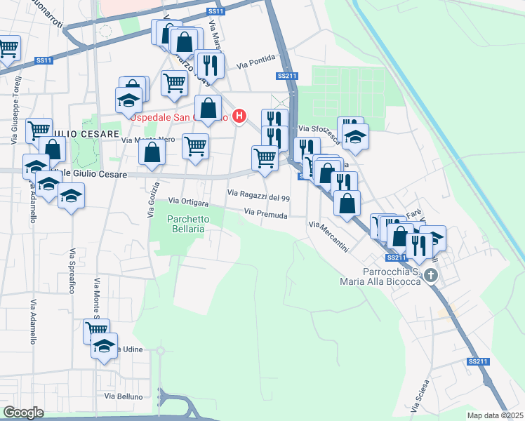 map of restaurants, bars, coffee shops, grocery stores, and more near 11 Via Premuda in Novara