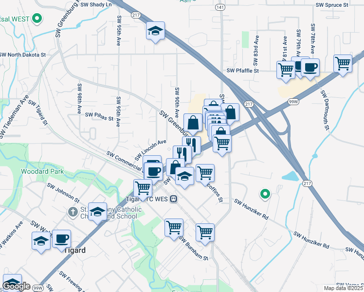 map of restaurants, bars, coffee shops, grocery stores, and more near 8945 Southwest Center Street in Tigard