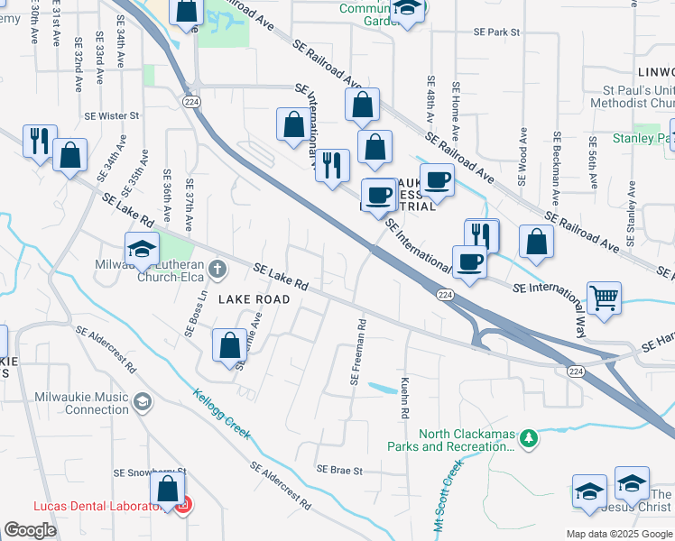 map of restaurants, bars, coffee shops, grocery stores, and more near 12600 Southeast Freeman Way in Milwaukie
