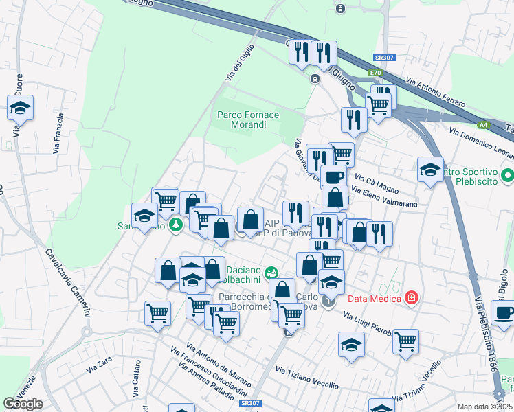 map of restaurants, bars, coffee shops, grocery stores, and more near Via Benedetto Bordone in Padua