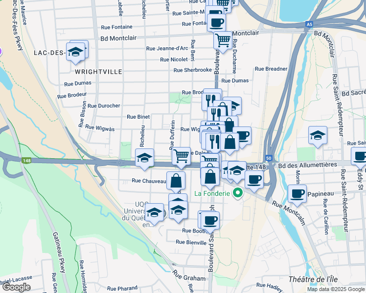 map of restaurants, bars, coffee shops, grocery stores, and more near 66 Rue Demontigny in Gatineau