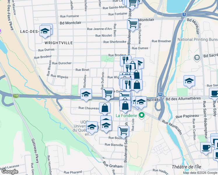 map of restaurants, bars, coffee shops, grocery stores, and more near 66 Rue Demontigny in Gatineau