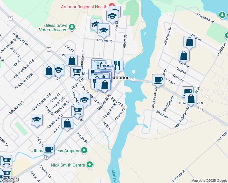 map of restaurants, bars, coffee shops, grocery stores, and more near Daniel Street North in Arnprior