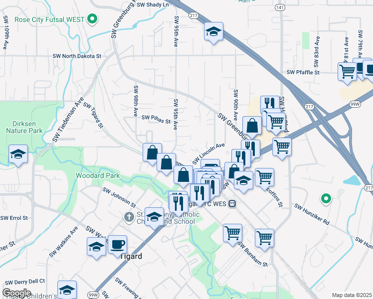 map of restaurants, bars, coffee shops, grocery stores, and more near 9425 Southwest Center Street in Tigard