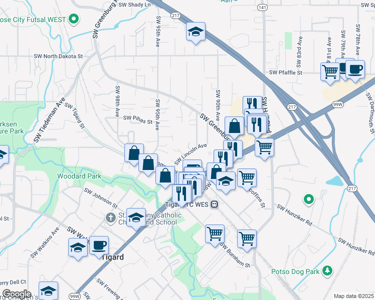 map of restaurants, bars, coffee shops, grocery stores, and more near 12055 Southwest Lincoln Avenue in Tigard