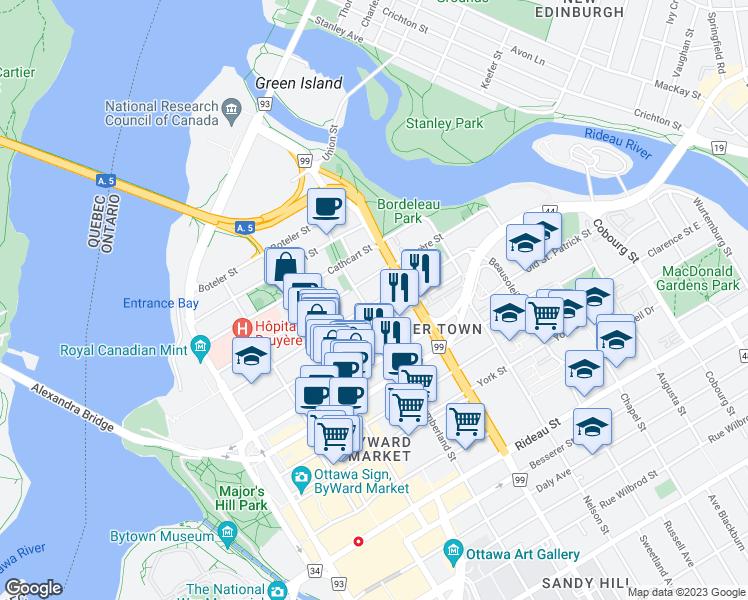 map of restaurants, bars, coffee shops, grocery stores, and more near 207 Saint Andrew Street in Ottawa