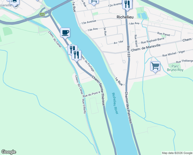 map of restaurants, bars, coffee shops, grocery stores, and more near 3039 Chemin Sainte-Thérèse in Carignan