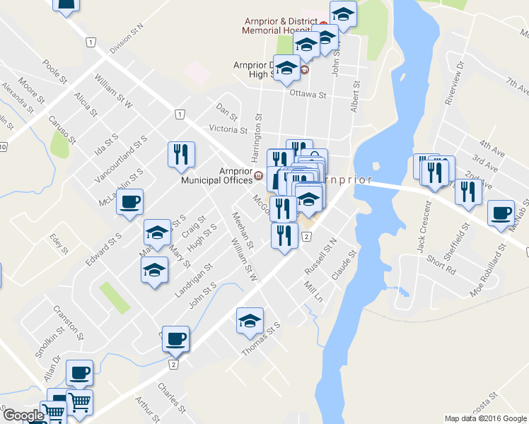 map of restaurants, bars, coffee shops, grocery stores, and more near 61 Tierney Street North in Arnprior
