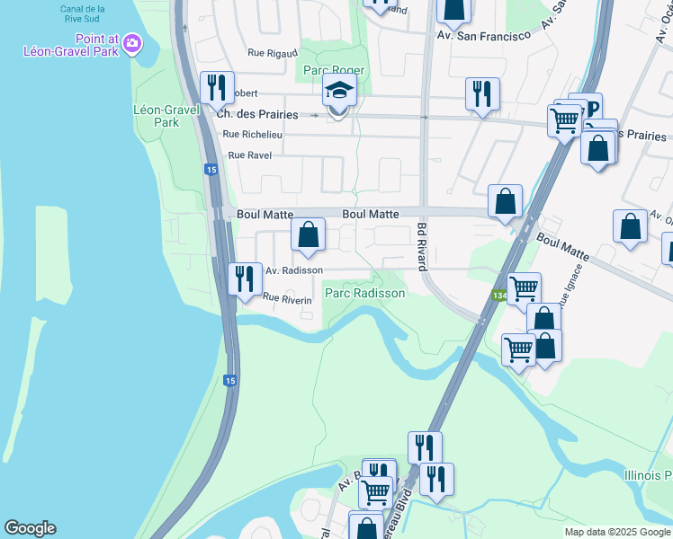 map of restaurants, bars, coffee shops, grocery stores, and more near Avenue Radisson in Brossard