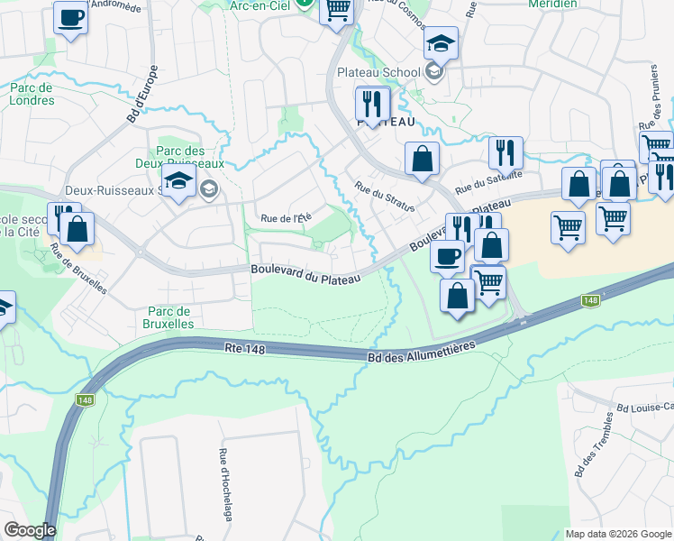 map of restaurants, bars, coffee shops, grocery stores, and more near 272 Boulevard du Plateau in Gatineau