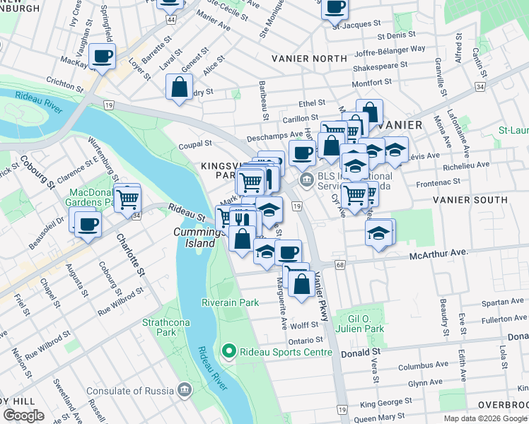map of restaurants, bars, coffee shops, grocery stores, and more near 80 Ottawa 34 in Ottawa