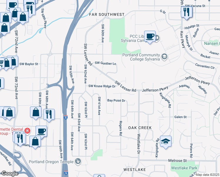 map of restaurants, bars, coffee shops, grocery stores, and more near 5914 Southwest Kruse Ridge Drive in Portland