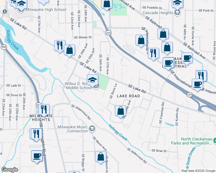 map of restaurants, bars, coffee shops, grocery stores, and more near 12442 Southeast Shell Lane in Milwaukie