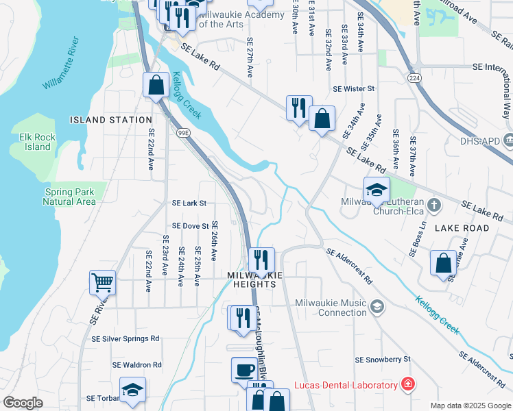 map of restaurants, bars, coffee shops, grocery stores, and more near 12363 Southeast Whitcomb Drive in Milwaukie