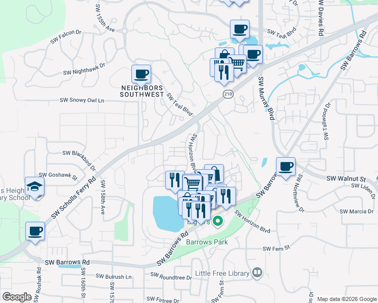 map of restaurants, bars, coffee shops, grocery stores, and more near 11959 Southwest Horizon Boulevard in Beaverton