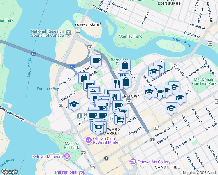 map of restaurants, bars, coffee shops, grocery stores, and more near in Ottawa