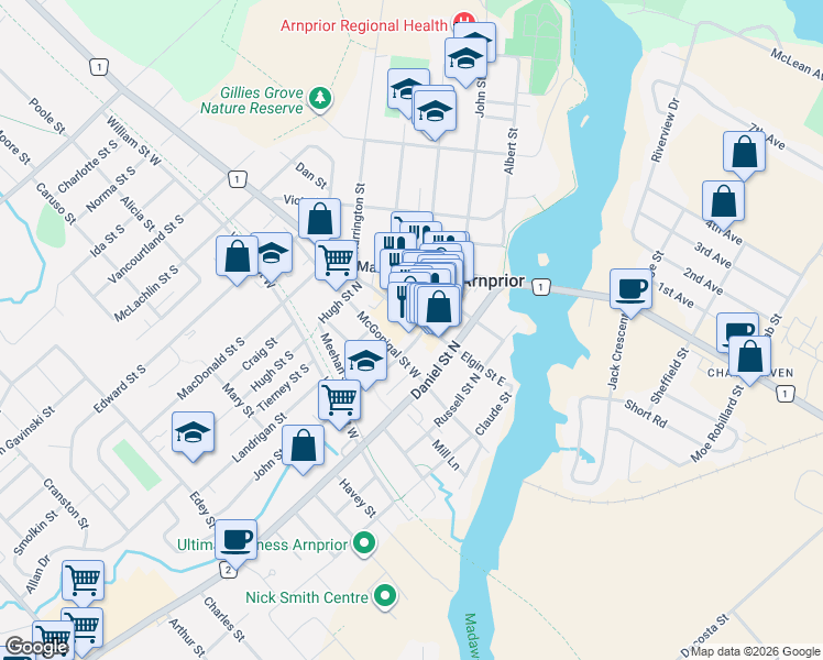 map of restaurants, bars, coffee shops, grocery stores, and more near 19 Elgin Street West in Arnprior