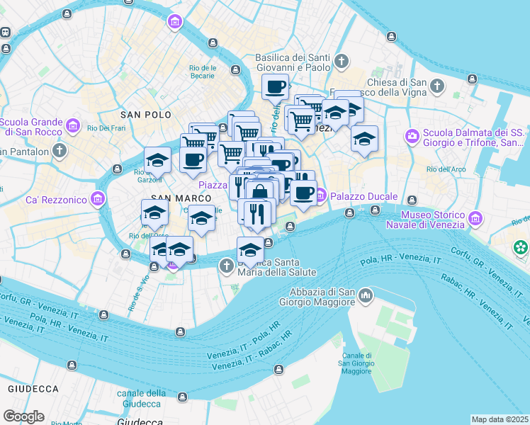 map of restaurants, bars, coffee shops, grocery stores, and more near 1342 San Marco in Venezia