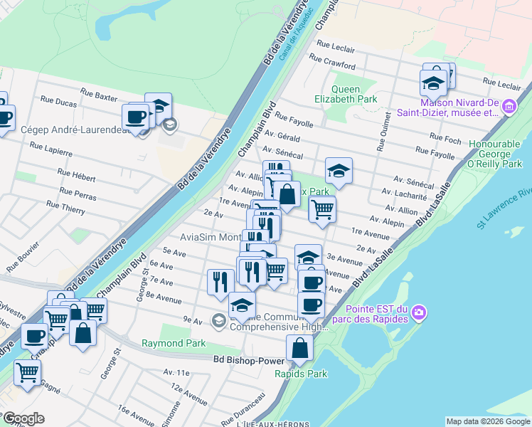 map of restaurants, bars, coffee shops, grocery stores, and more near 258 1re Avenue in Montréal