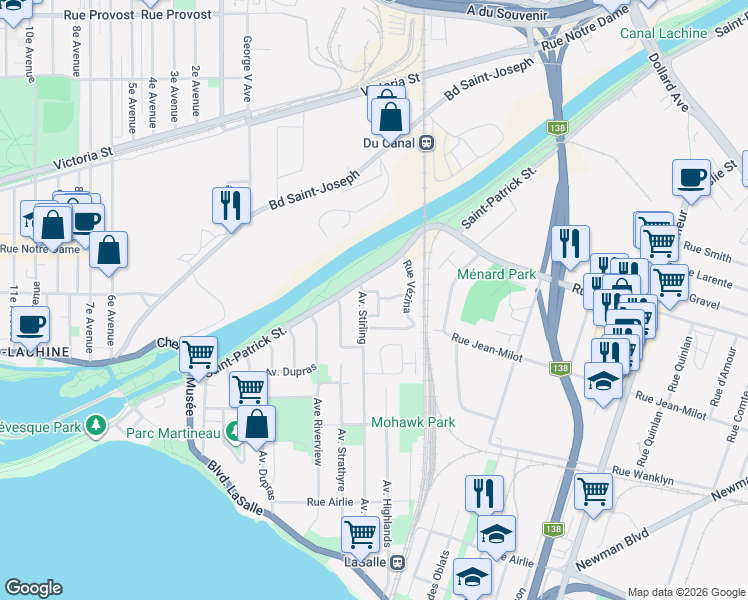 map of restaurants, bars, coffee shops, grocery stores, and more near 9740 Rue William-Fleming in Montreal