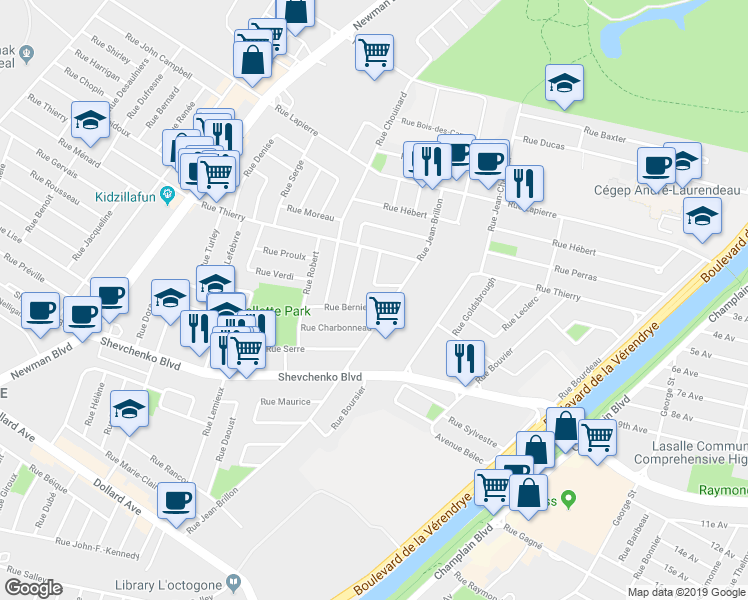 map of restaurants, bars, coffee shops, grocery stores, and more near 1319 Rue Bernie in Montréal